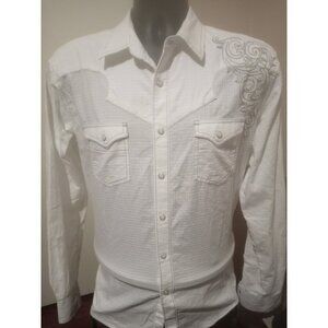 Rock 47 Wrangler Shirt Mens L White Western Pearl Snap Embroidered Long Sleeve